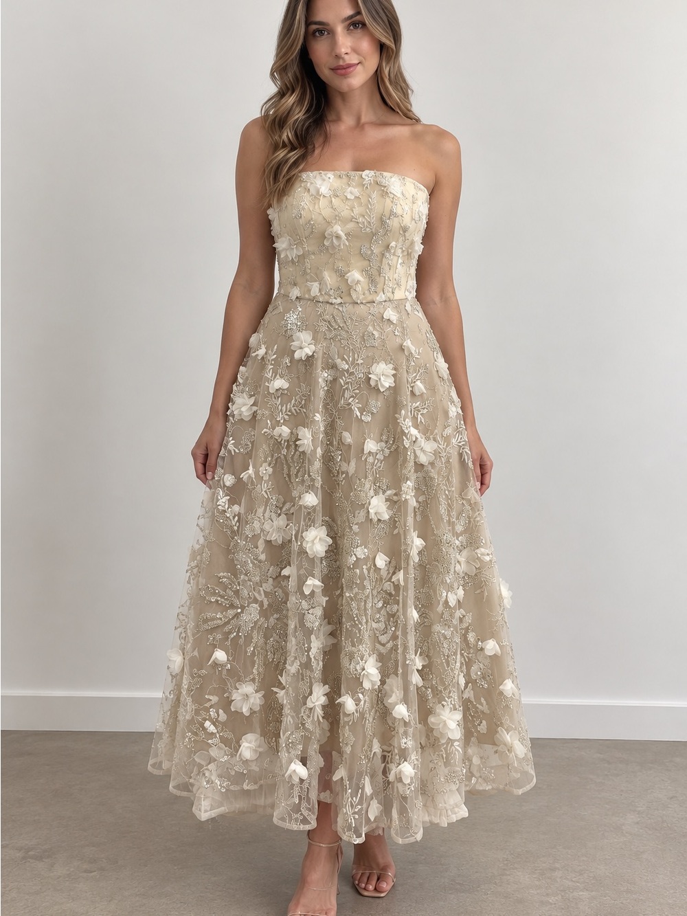 Dress the Population 3D Floral Sequin Strapless Maxi Dress Nude L